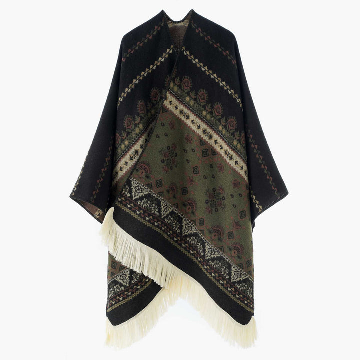 Damen Gewebter Ethno-Poncho mit Fransen und Jacquardmuster Drune