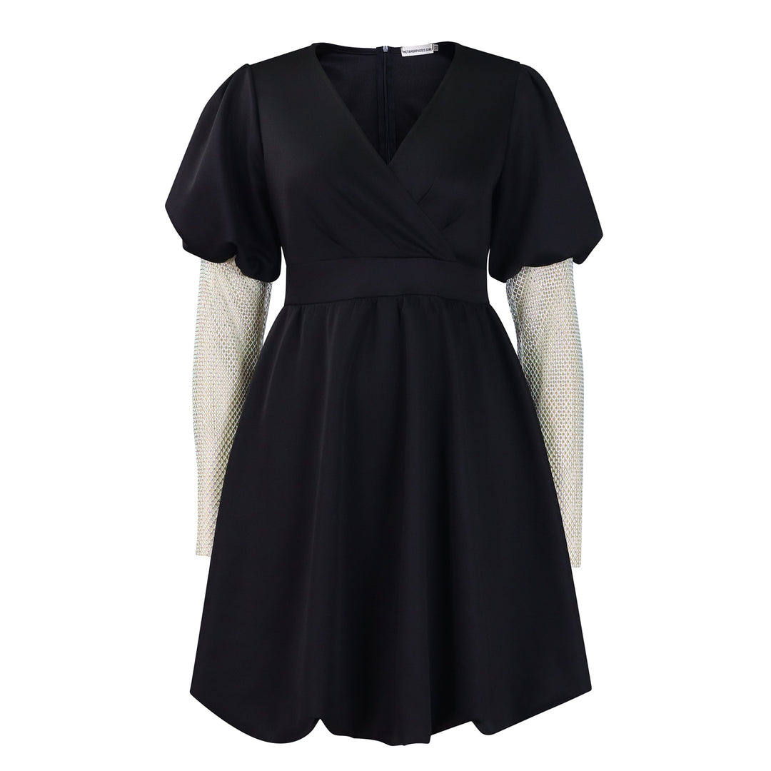 Damen Wickelkleid mit voluminösen Puffärmeln und transparenten Netzoberarmen Drune