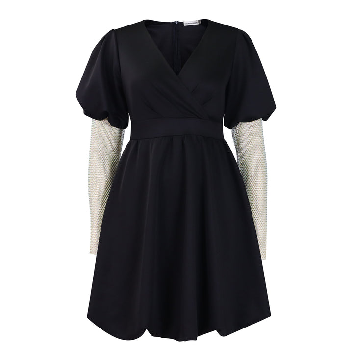 Damen Wickelkleid mit voluminösen Puffärmeln und transparenten Netzoberarmen Drune