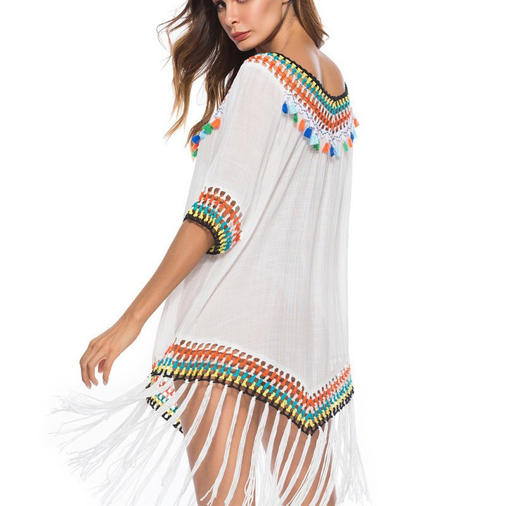 Damen Strandüberwurfkleid mit fransigem Saum und buntem Häkelmuster Drune