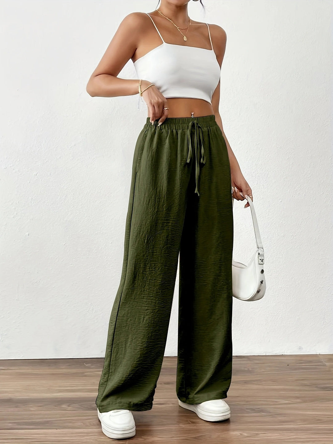 Damen weite Palazzo-Hose mit elastischem Bund und taillierbarem Kordelzug Drune