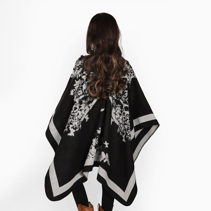 Damen Oversize-Jacquard-Cape aus Wollmix mit abstraktem Blumenmuster Drune