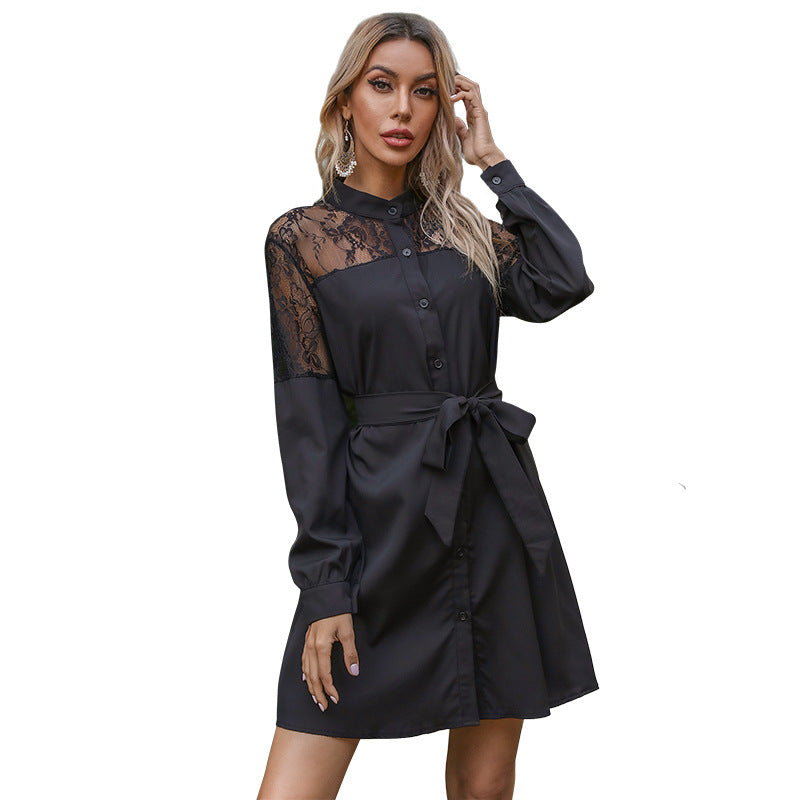 Damen Elegantes Hemdkleid mit Spitzenärmeln Drune