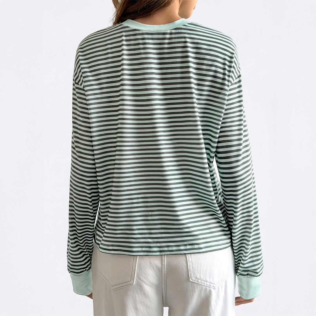 Damen nan lässiges gestreiftes Oversize-Longsleeve mit kontrastierendem Rundhalsausschnitt und verlängertem Rückensaum Drune