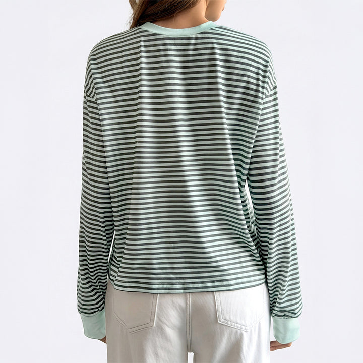 Damen nan lässiges gestreiftes Oversize-Longsleeve mit kontrastierendem Rundhalsausschnitt und verlängertem Rückensaum Drune