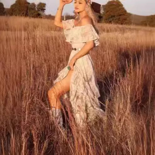 Damen Boho-Rüschenkleid mit schulterfreiem Design und fließendem Stoff Drune