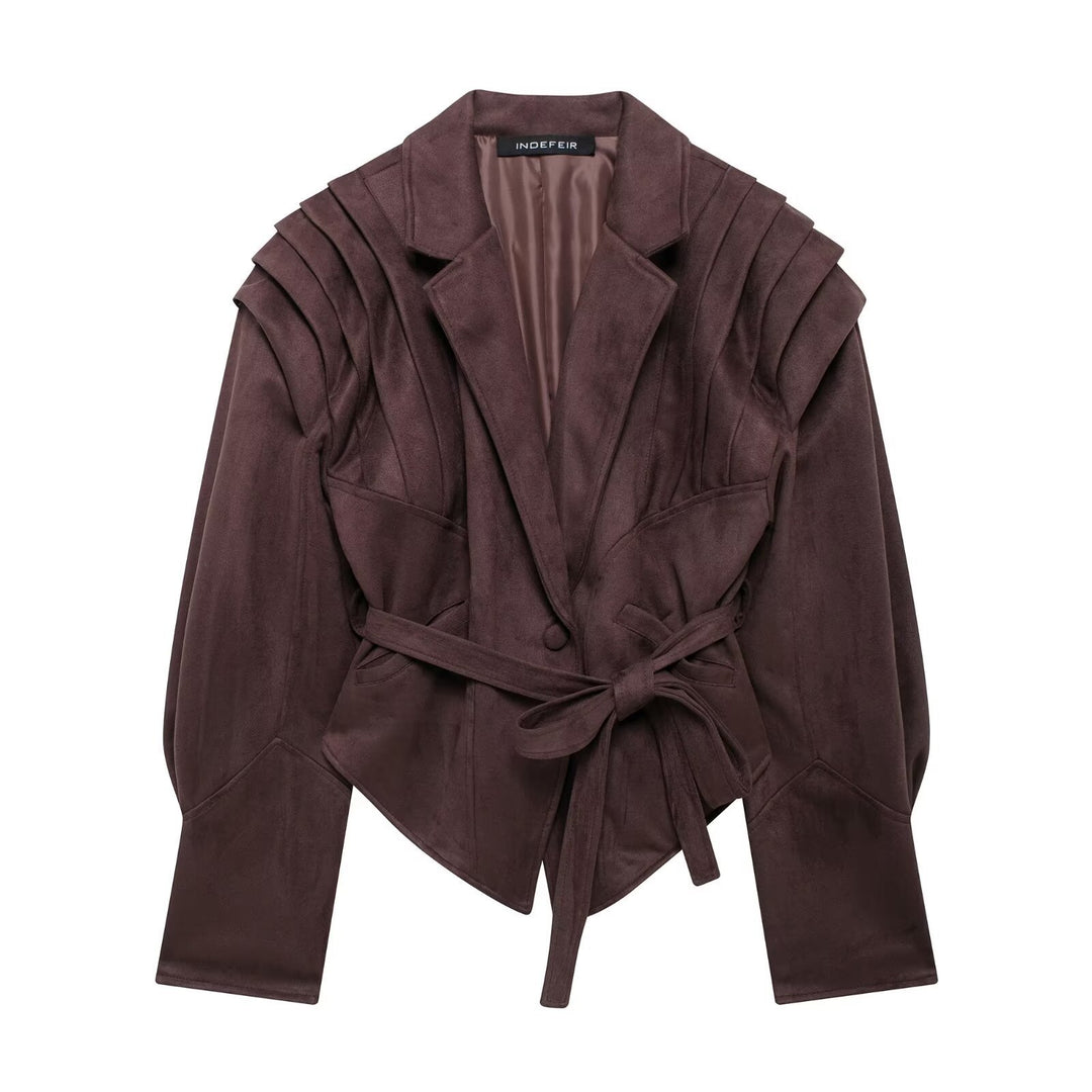 Damen trendige taillierte Blazerjacke mit strukturierten Schultern Drune