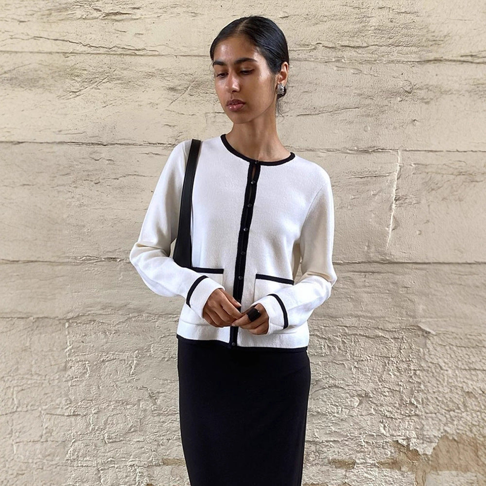 Damen Feiner Kontrast-Knopfleisten‑Cardigan mit Paspelung und aufgesetzten Taschen Drune