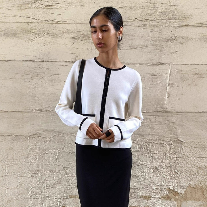Damen Feiner Kontrast-Knopfleisten‑Cardigan mit Paspelung und aufgesetzten Taschen Drune
