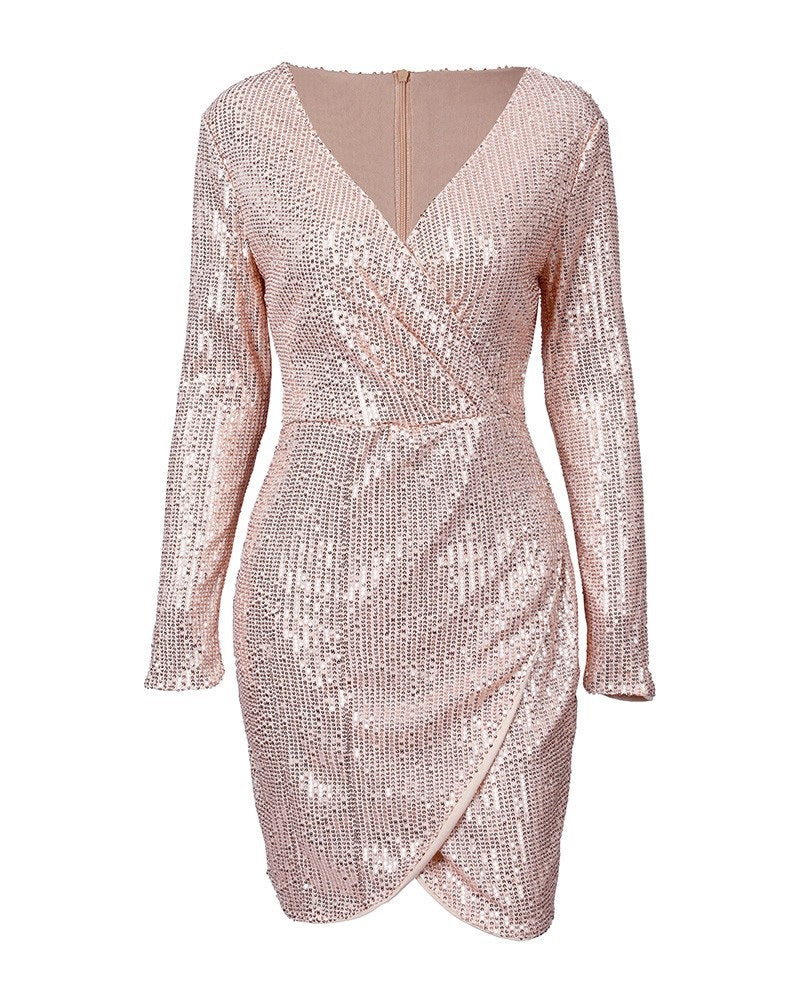 Damen Glamouröses Pailletten-Shiftkleid mit tiefem V-Ausschnitt und langen Ärmeln Drune