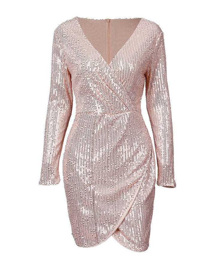 Damen Glamouröses Pailletten-Shiftkleid mit tiefem V-Ausschnitt und langen Ärmeln Drune
