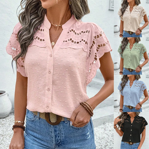 Damen Leichte Baumwollbluse mit Broderie-Details und Flügelärmeln Drune
