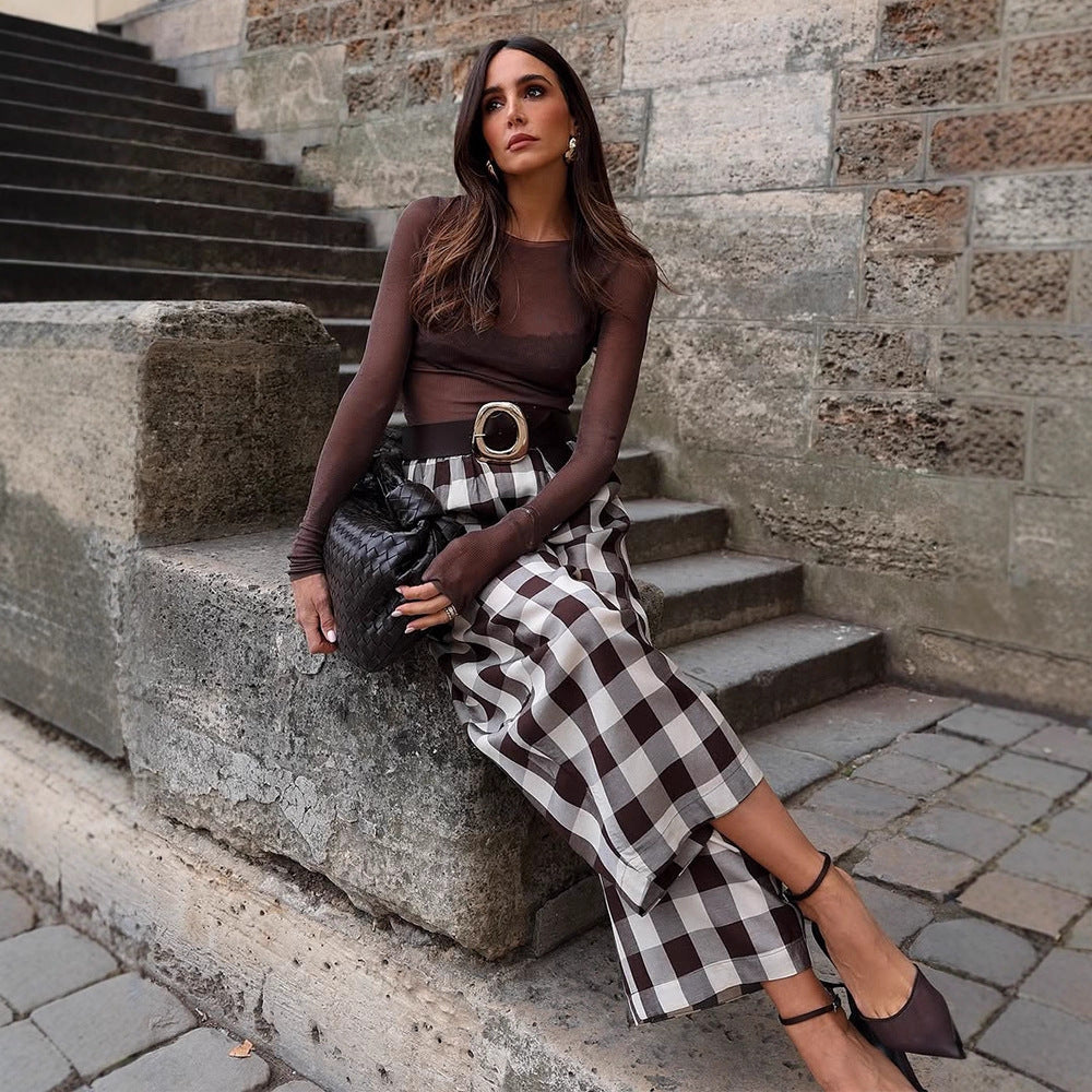 Damen Karo-Hochtaillierte Palazzo-Hose mit weitem Bein & Bundfalten Drune