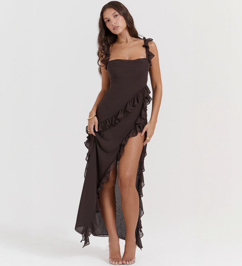 Damen nan langes Abendkleid mit quadratischem Ausschnitt, Schulter-Rüschenträgern und hoher Beinschlitze Drune