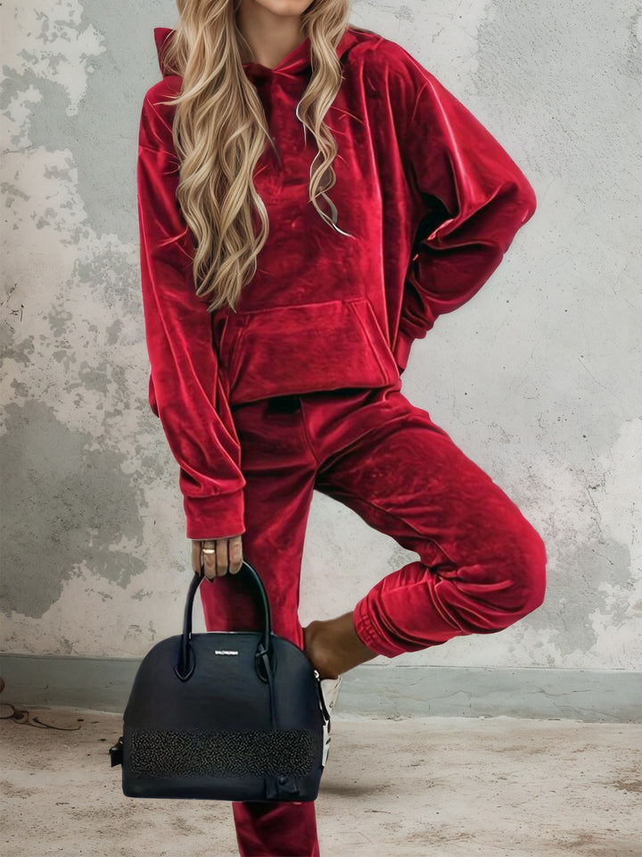 Damen Samt-Jogginganzug mit Kapuzenhoodie, Kängurutasche und elastischer Bündchenhose Drune