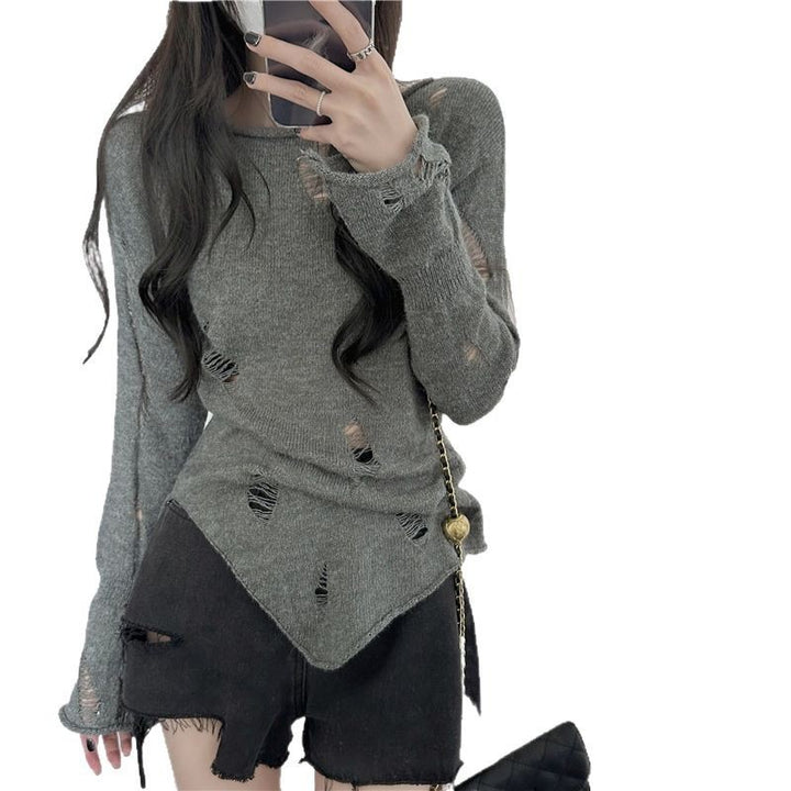 Damen stylischer Strickpullover mit lässigen Rissen und asymmetrischem Saum Drune