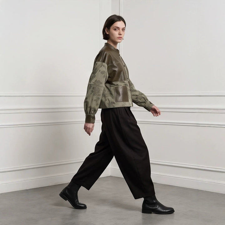 Damen Kurzjacke aus Lederoptik und Jacquard mit Stehkragen Drune