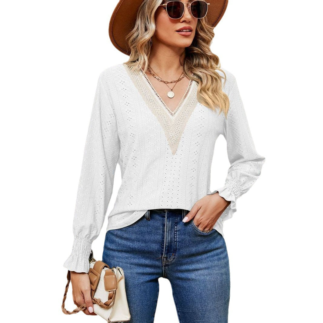 Damen Bluse mit luftigen Lochstickereien und V-Ausschnitt Drune