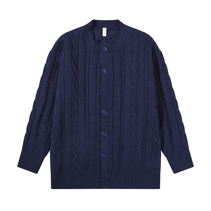 Unisex Übergroße Zopfmuster-Strickjacke mit Knopfleiste und Rundhalsausschnitt Drune