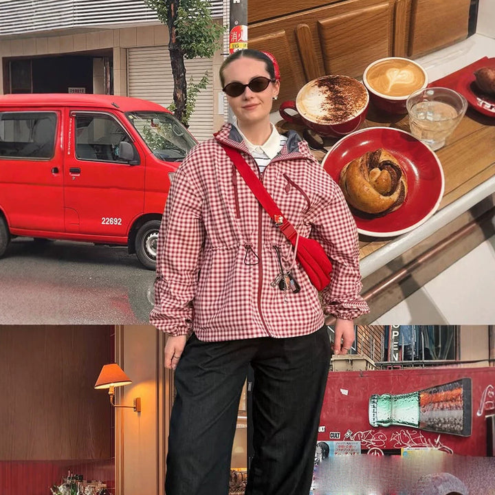 Damen Karo-Windbreaker mit Taillenzug, Kapuze und Reißverschluss Drune