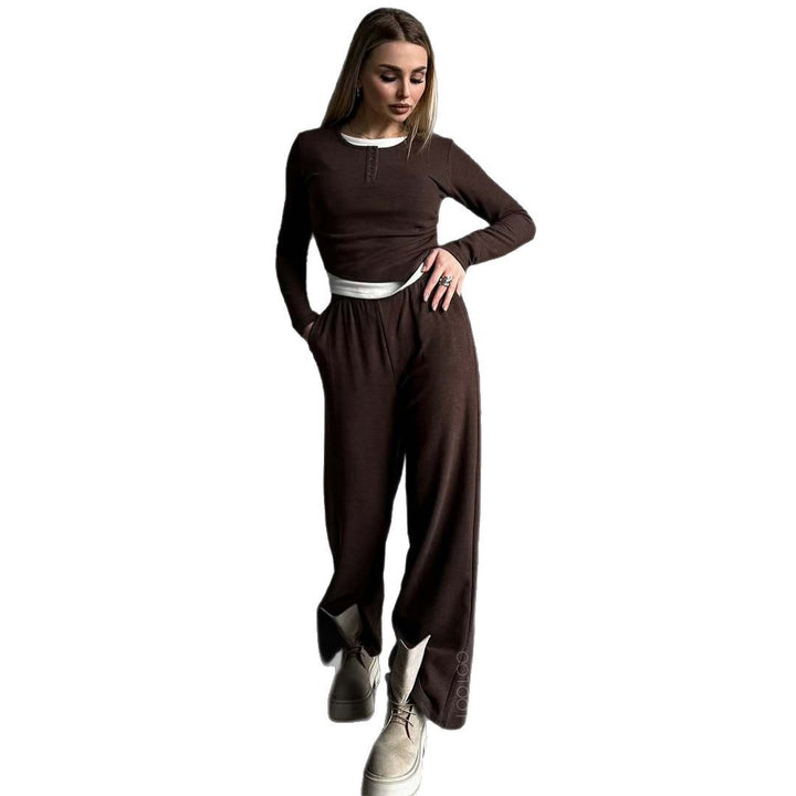 Damen Loungewear-Set aus weichem Modal mit Henley-Knopfleiste und weitem High-Waist Jogger Drune