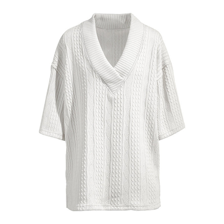 Damen nan weiter Kurzarm-Strickpullover mit Schalkragen und Zopfmuster Drune