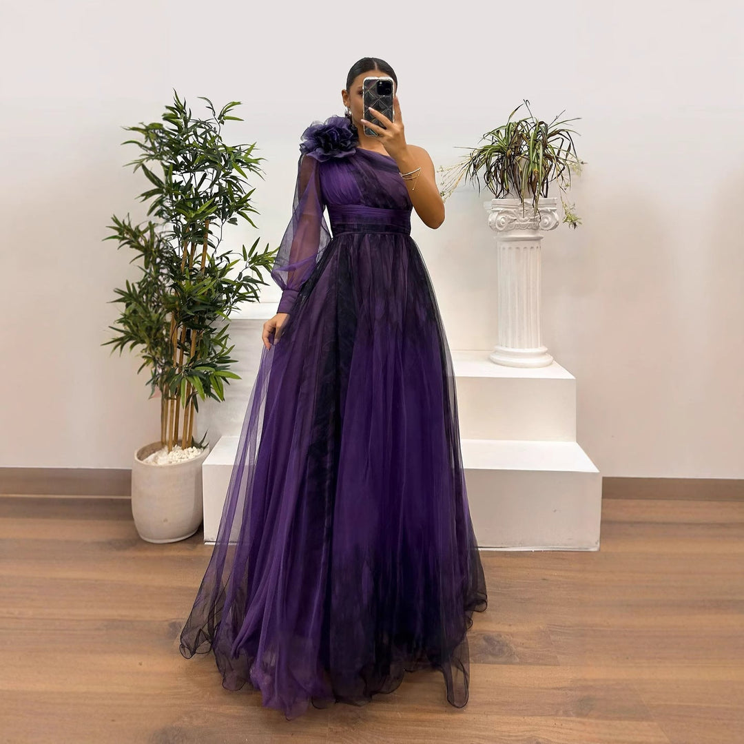 Drune | Frühling Herbst Schräg Schulter Mesh Blumenmuster Kleid Lässig Locker Festlich Kleid