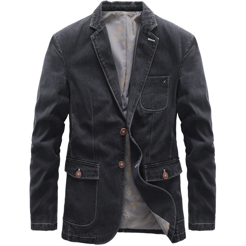 Herren Casual-Jeansblazer mit Reverskragen, aufgesetzten Pattentaschen und floral gemustertem Innenfutter Drune