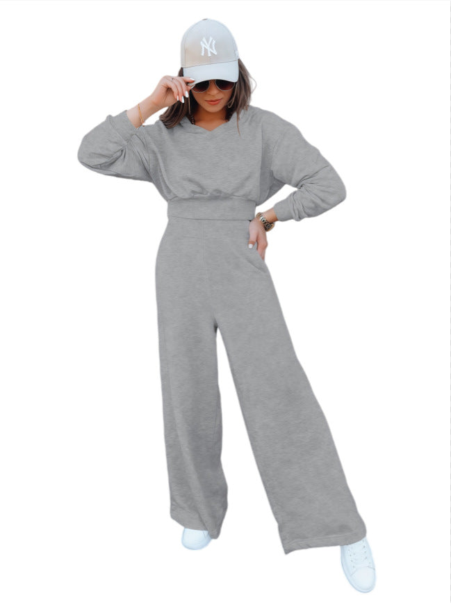 Damen Loungewear-Set mit Cropped V‑Ausschnitt-Pullover und hochtaillierter Palazzohose Drune