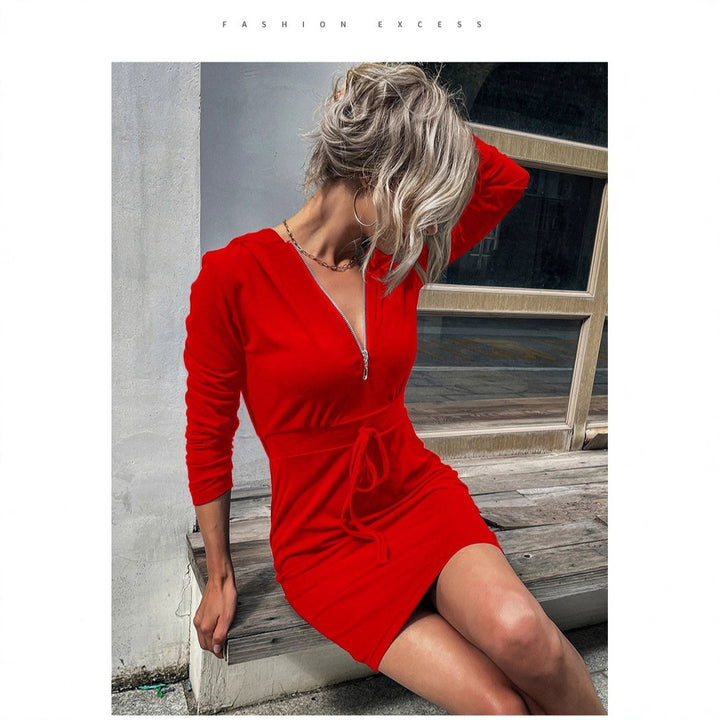 Damen sportliches Kleid mit Reißverschluss und regulierbarem Gürtel Drune