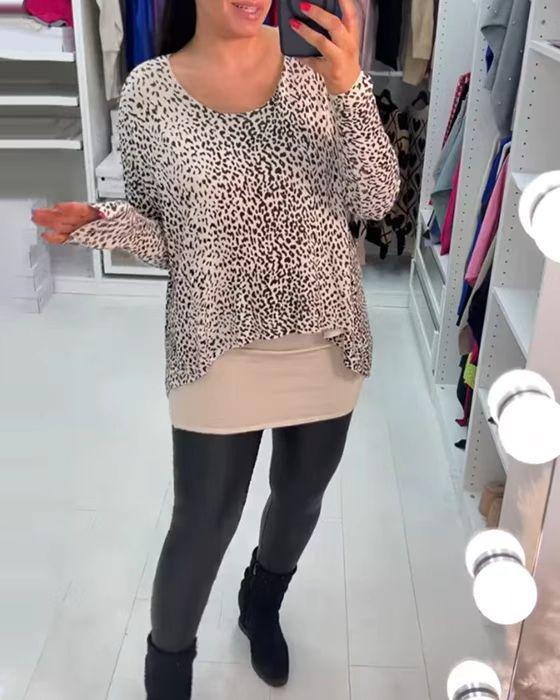 Damen nan weit geschnittenes Tunika-Longsleeve mit Leomuster, abgerundetem Saum und Lagenoptik Drune