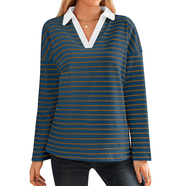 Damen gestreiftes Polo-Shirt mit V-Ausschnitt und kontrastierendem Kragen Drune