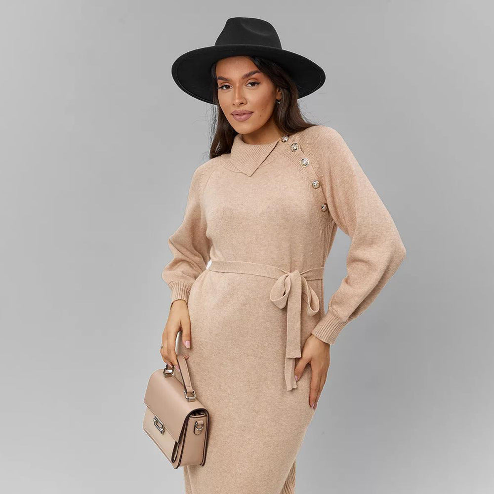 Damen Strickkleid mit Gürtel und Knopfdetails Drune