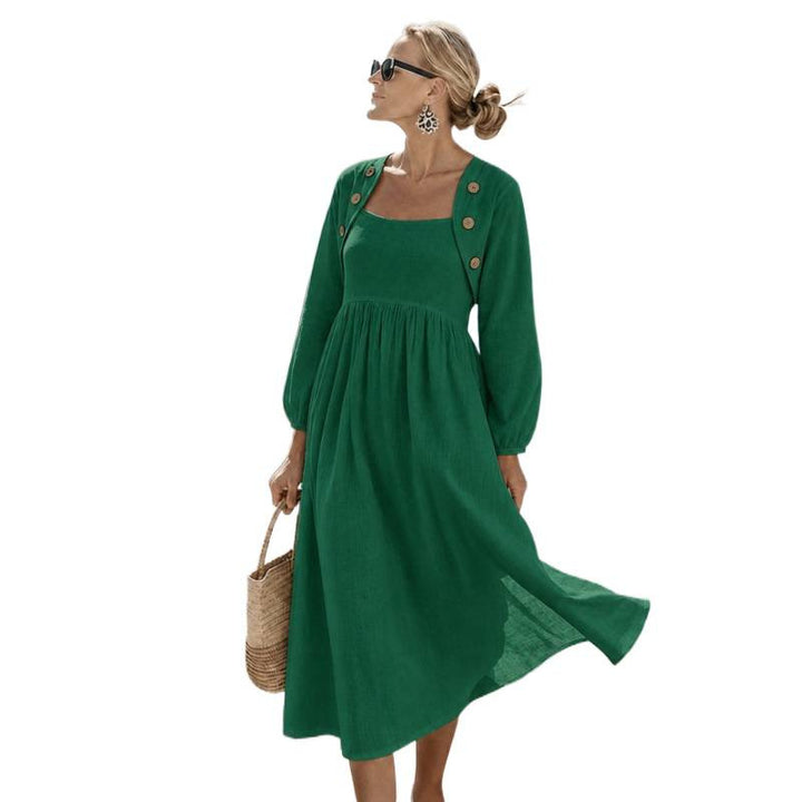 Damen Midikleid in Leinenoptik mit quadratischem Ausschnitt, geraffter Empire-Taille und Schulterknöpfen Drune