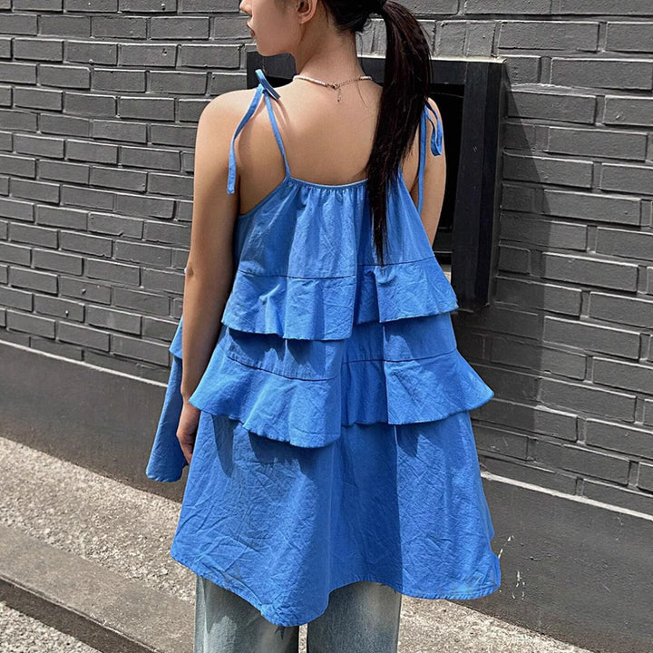 Damen luftiges Schwingkleid mit mehrlagigem Design und verstellbaren Trägern Drune