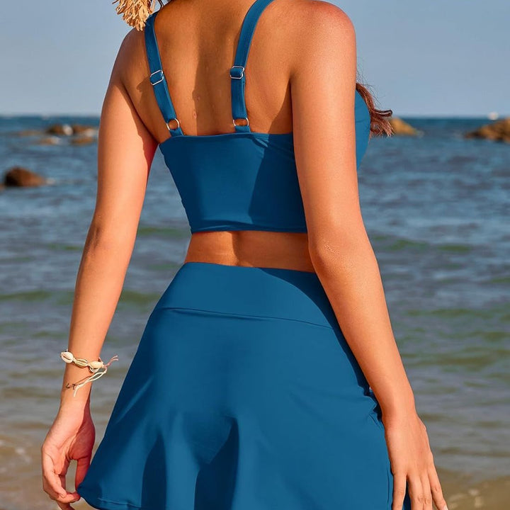 Damen Sport-Bikini-Set mit modischem Knoten-Oberteil und elegantem Rock Drune