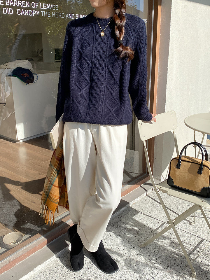 Damen lässiger Grobstrickpullover mit Zopfmuster Drune