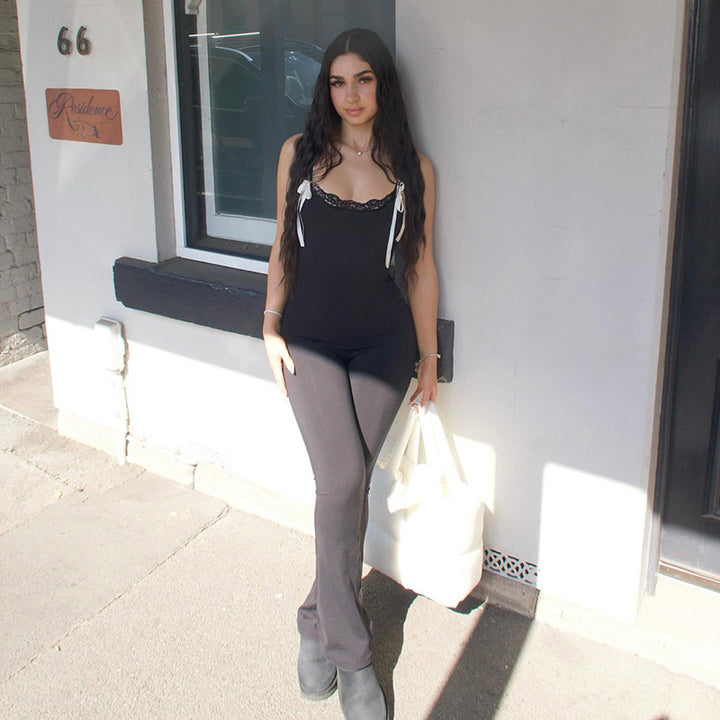Damen Eleganter Jumpsuit mit Spitze und weitem Beinsaum Drune