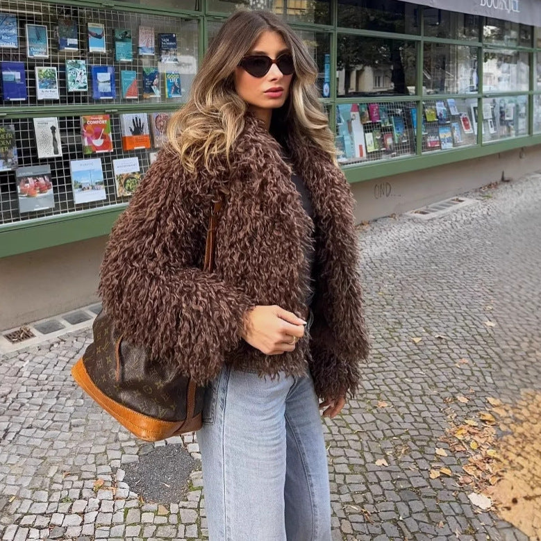 Damen nan shaggy Kunstfell-Blouson mit voluminösem Schalkragen und innenliegendem Hakenverschluss Drune