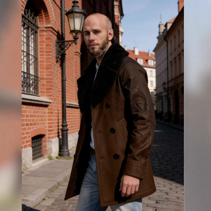 Herren Doppelreihiger Kurzmantel aus Wollmix mit großem Teddykragen Drune
