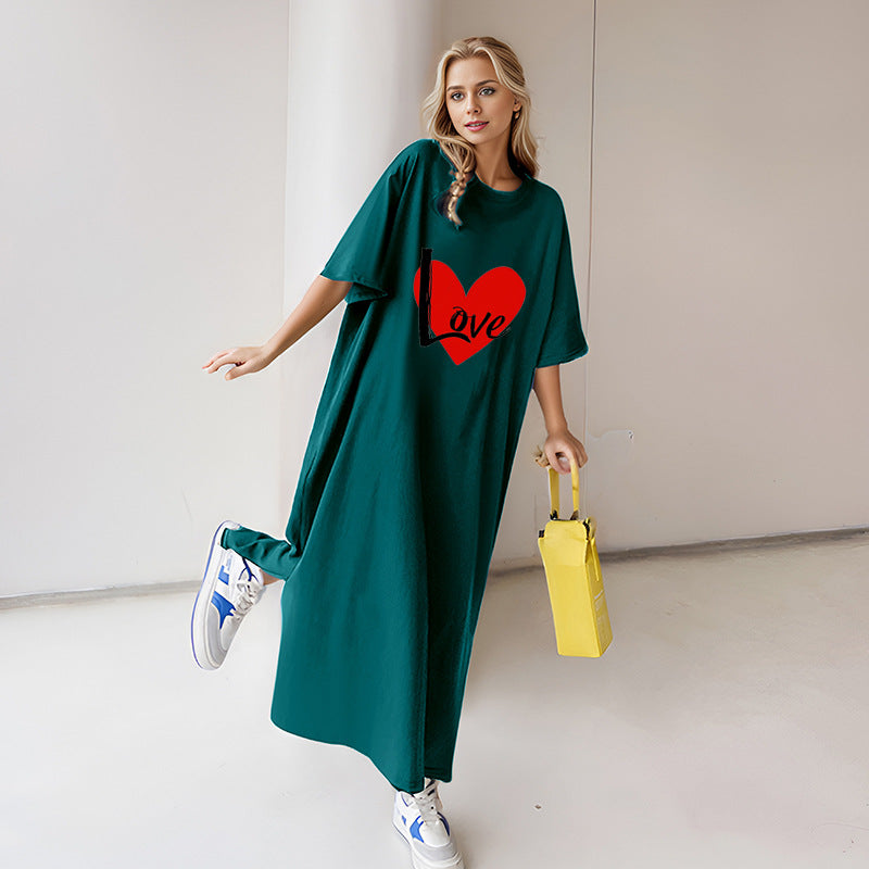 Damen nan locker geschnittenes Maxikleid mit großem Herzgrafikprint und Rundhalsausschnitt Drune