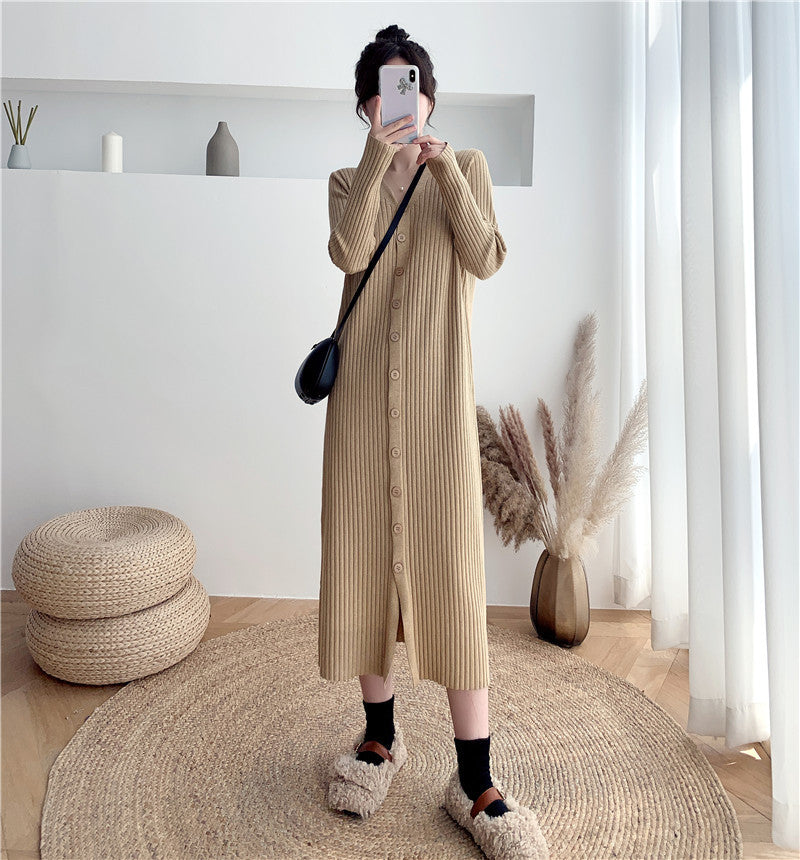 Damen Strickkleid mit tiefem V-Ausschnitt und tailliertem Gürtel Drune