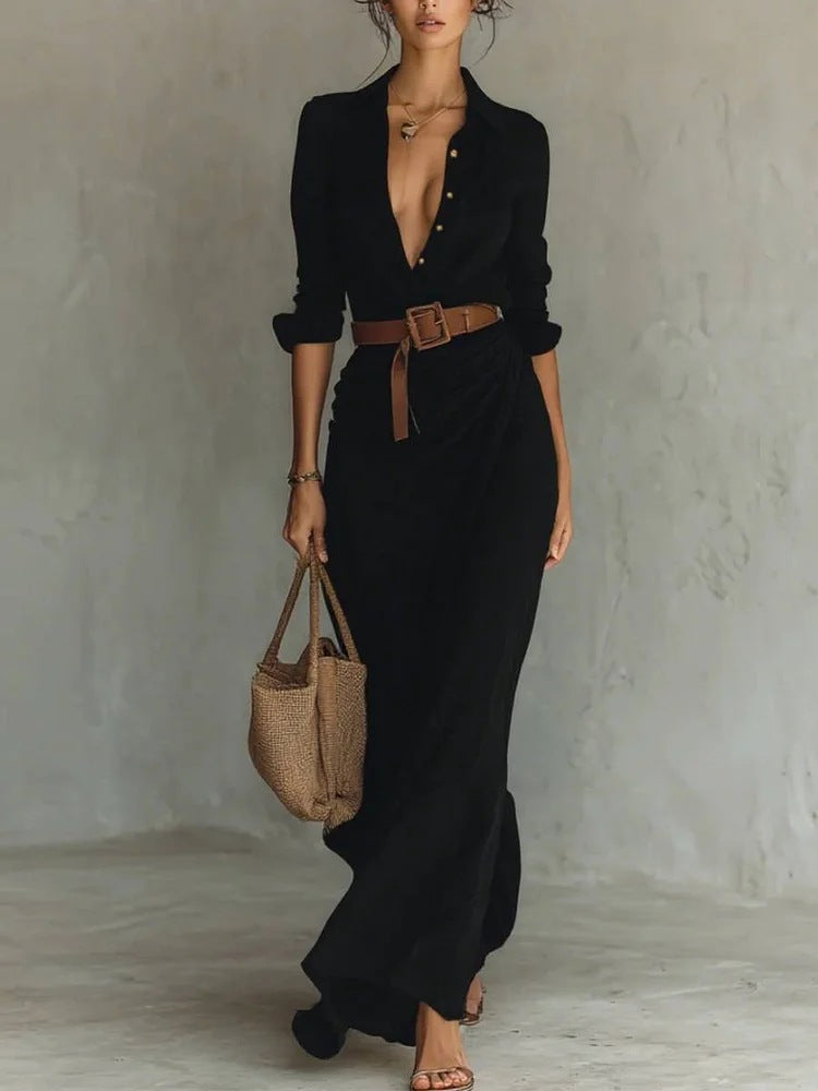 Damen Maxikleid mit klassischem Hemdkragen und seitlichem Schärpenband Drune