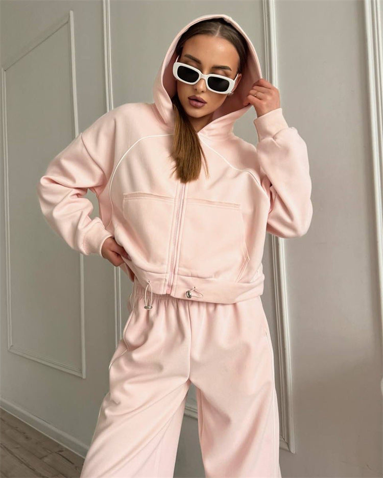 Damen kurzes Kapuzen-Sweatset mit Frontreißverschluss, kontrastierender Paspel und elastischer Highwaist-Jogger Drune