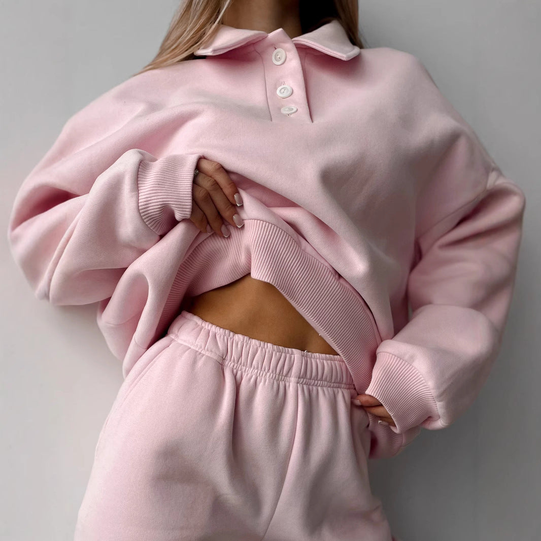 Damen Polo-Sweatshirt und Relax-Fit Jogginghose Set aus French Terry Drune