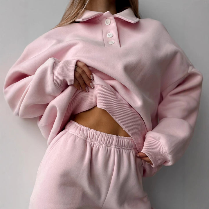Damen Polo-Sweatshirt und Relax-Fit Jogginghose Set aus French Terry Drune