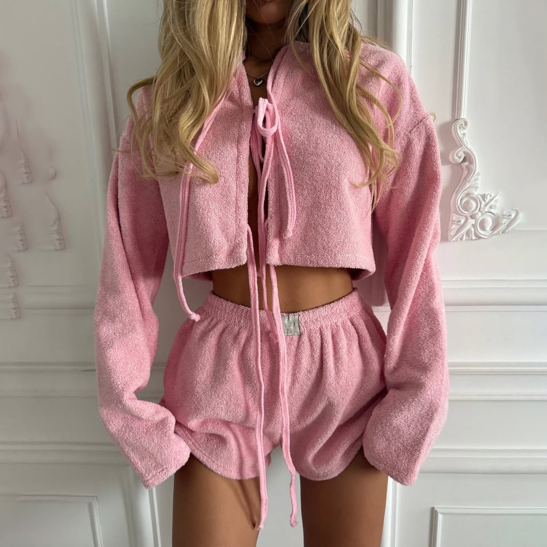 Damen Freizeit-Crop-Set mit sportlichem Hoodie und elastischen Shorts Drune
