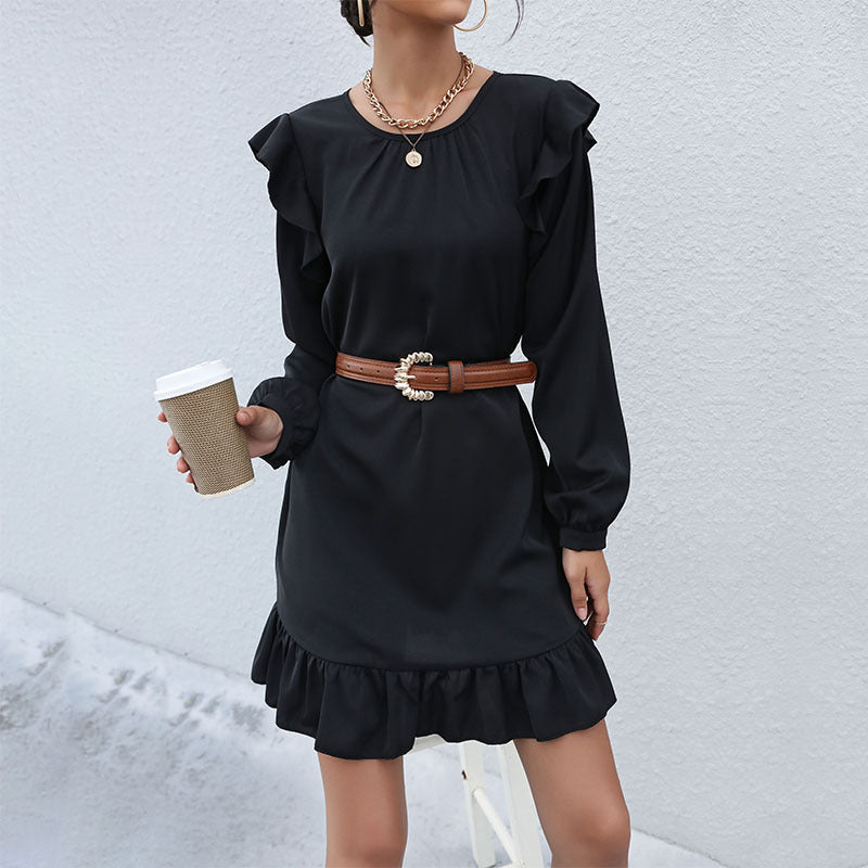 Damen A‑Linien Minikleid mit Volant‑Schultern und Rüschen-Saum Drune