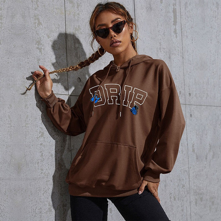 Damen Oversize-Kapuzenpullover mit Kängurutasche und Schmetterling-Stickerei Drune