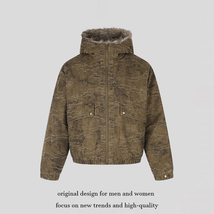 Damen Wattierte Kapuzen‑Bomberjacke mit Kunstfellbesatz, Camouflage‑Effekt und elastischem Saum Drune